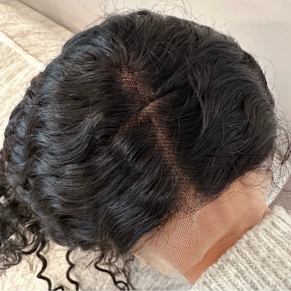 20”‎ Natural Black Water Wave Human Hair 4x4 Lace Closure Wig 150% #QB3